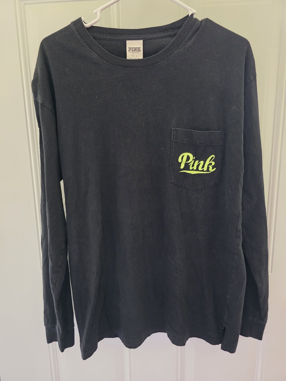 PINK Victoria's Secret Men's Black Long Sleeve Pocket Tee with Neon Logo